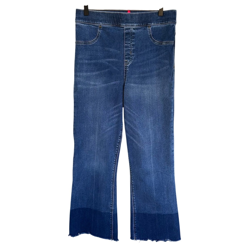 Spanx Cropped Flare Jeans Medium Wash Raw Hem Pull On High Rise Size Large